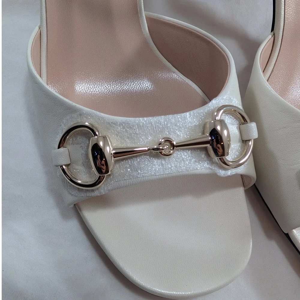 Gucci Horsebit Block Heel Sandals Cream Leather Gold Hardware IT 38